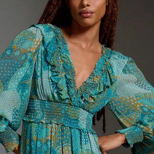 Odetta Ruffled V-Neck Blue and Green Maxi Dress